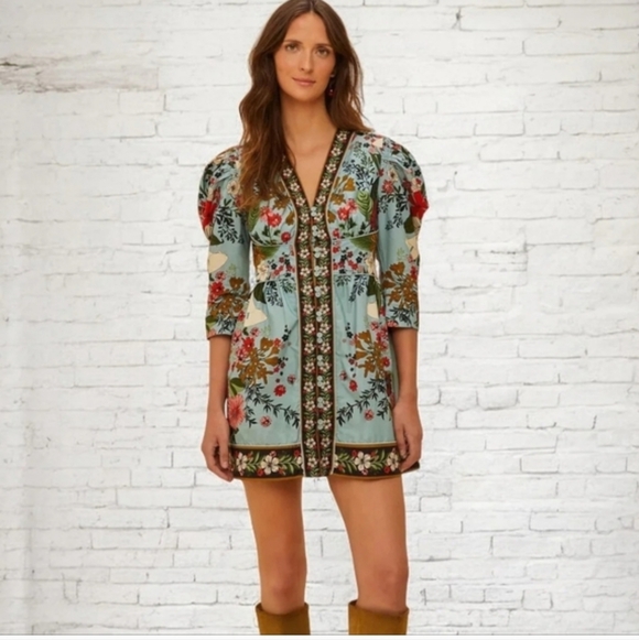 FARM Rio Light Blue Floral Puff-Sleeve Mini Dress - Picture 3 of 6